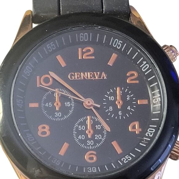 Geneva Mens Watch Chronograph styled new battery black dial copper numerals - Picture 1 of 8